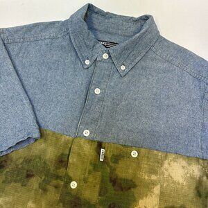 Crooks & Castles Shirt Mens Medium Camo Ripstop Denim Colorblock Button Up